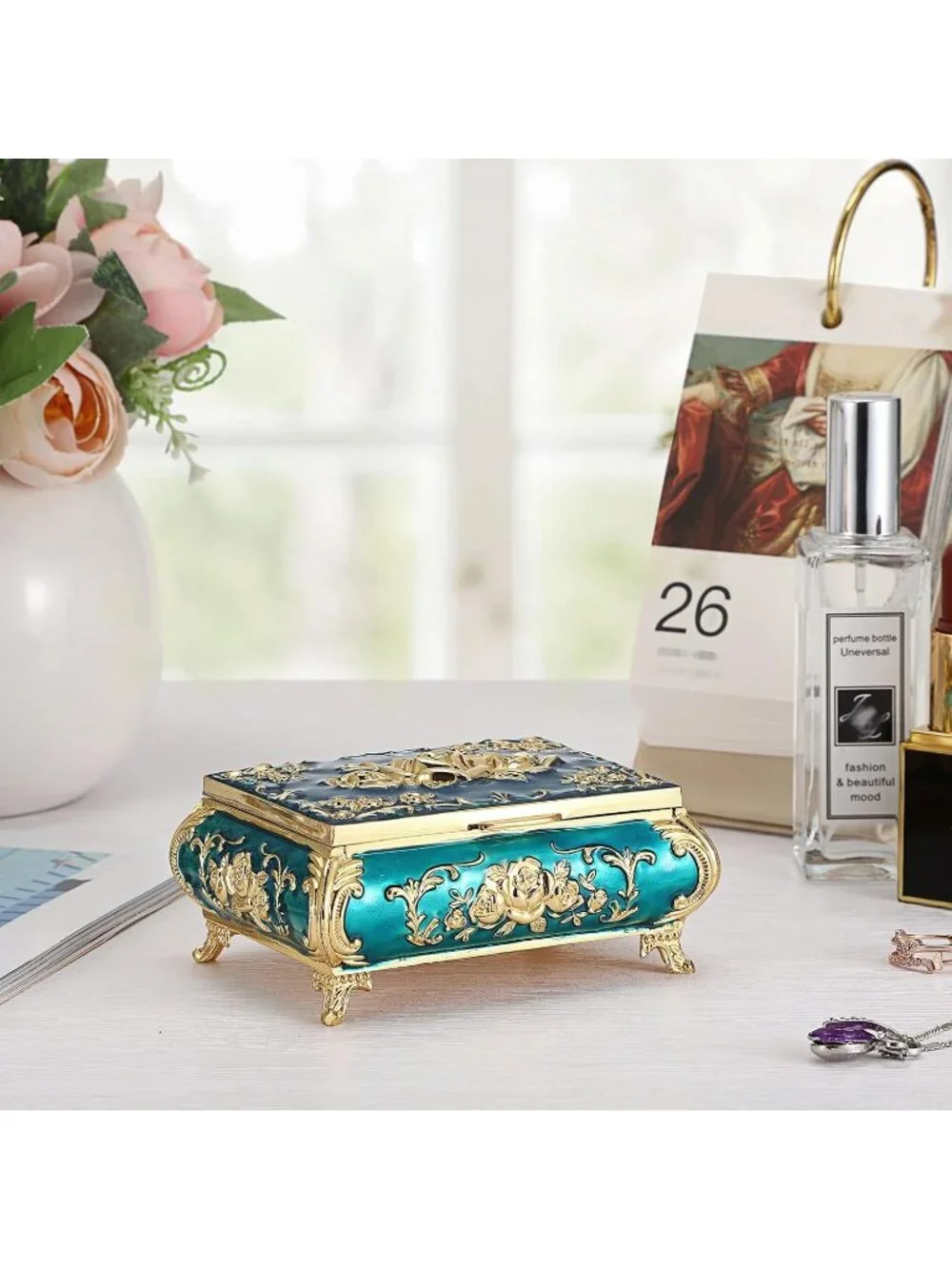 Vintage Small Metal Blue Trinket Case Engraved Jewelry Storage Box For Necklace